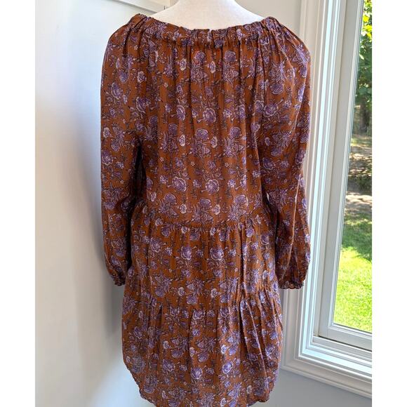 Xirena Lea Cottage Boho Brown Floral Dress Small Oversized Golden Silk Cotton - Picture 6 of 10
